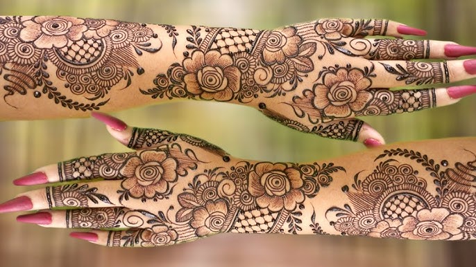 3D Flower with Motifs Mehndi Designs with flower stylish back hand mehndi design